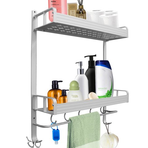 Suporte Duplo Prateleira Toalheiro Porta Shampoo Parede Com Ganchos