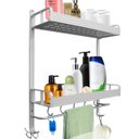 Ver imagem 1 de Suporte Duplo Prateleira Toalheiro Porta Shampoo Parede Com Ganchos