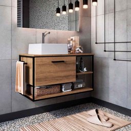 Gabinete para Banheiro com Cuba Inclusa 1 Porta e Nichos Mel com Preto - 1 Gabinete para Banheiro com Cuba Inclusa 1 Porta e Nichos Mel com Preto - 1