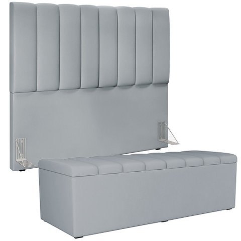 Kit Cabeceira Cama Box Casal 140cm com Calçadeira Recamier Baú Dália W01 Suede Cinza - Lyam