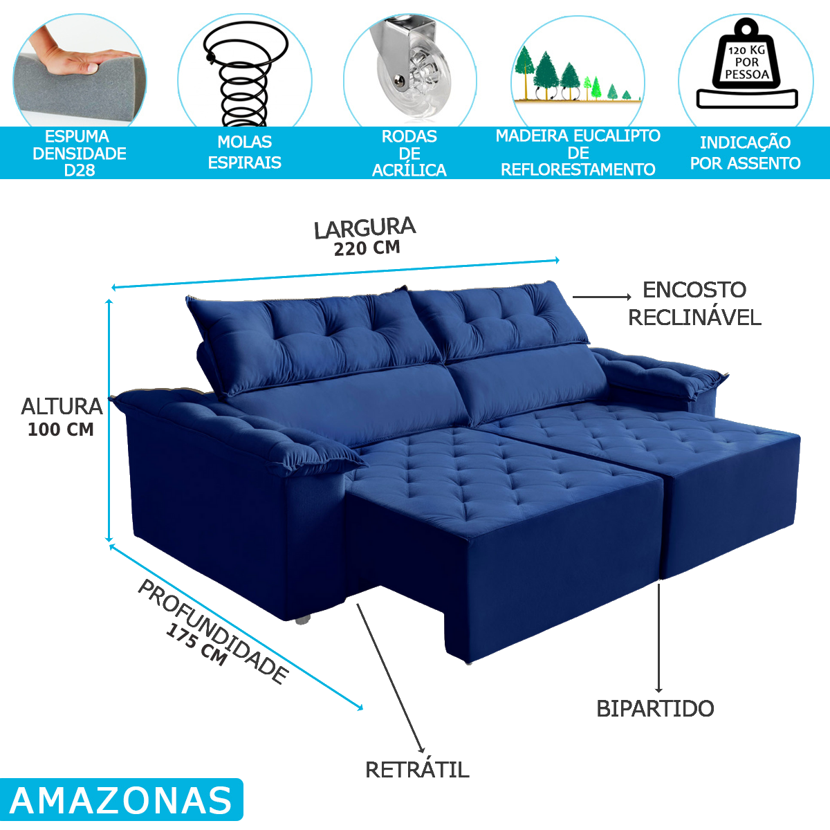 Sofá 3 Lugares Amazonas Retrátil e Reclinável 2,20m Suede Liso Azul