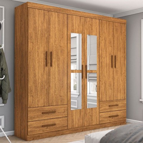 Guarda-roupa Casal Mondo 6 Portas 4 Gavetas com Espelho Cinamomo - Pnr Móveis