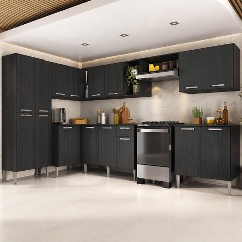 Armário Cozinha Modulada Completa de Canto 432,5cm Pequim Pop Multimóveis Mp3774 Preto