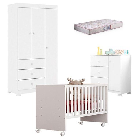 Quarto de Bebê Duda 3 Portas com Berço Nacional Doce Sonho 3540 Branco Brilho com Colchão Gazin – Ph