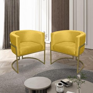 Kit 02 Poltronas para Sala Decorativa Luna Base Ferro Dourado Veludo Amarelo Visan Estofados