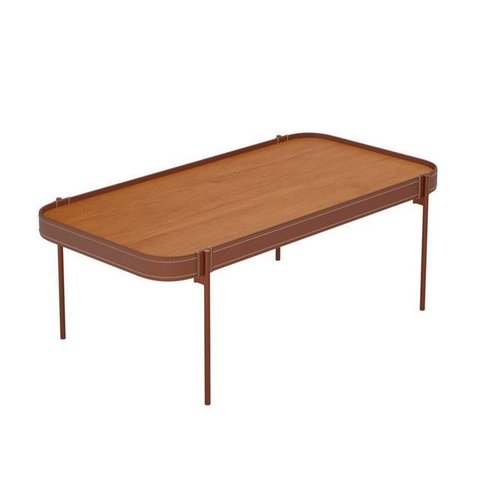 Mesa de Centro Melin P 87x44 Nature com Pés Metálicos Cobre Detalhes em Couro - Ofertamo