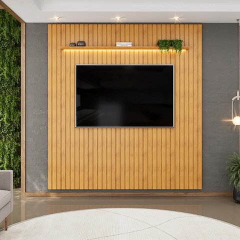 Painel para Tv até 75 Polegadas Ripado com Led Dj Móveis Trento 223 Cedro