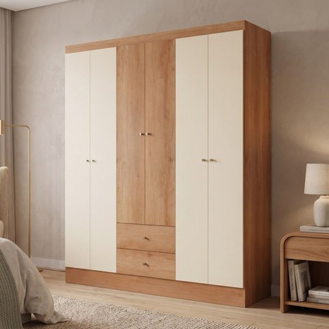 Guarda-Roupa Casal 6 Portas e 2 Gavetas Astro 182 x 153cm Yescasa Marrom Freijó/Areia