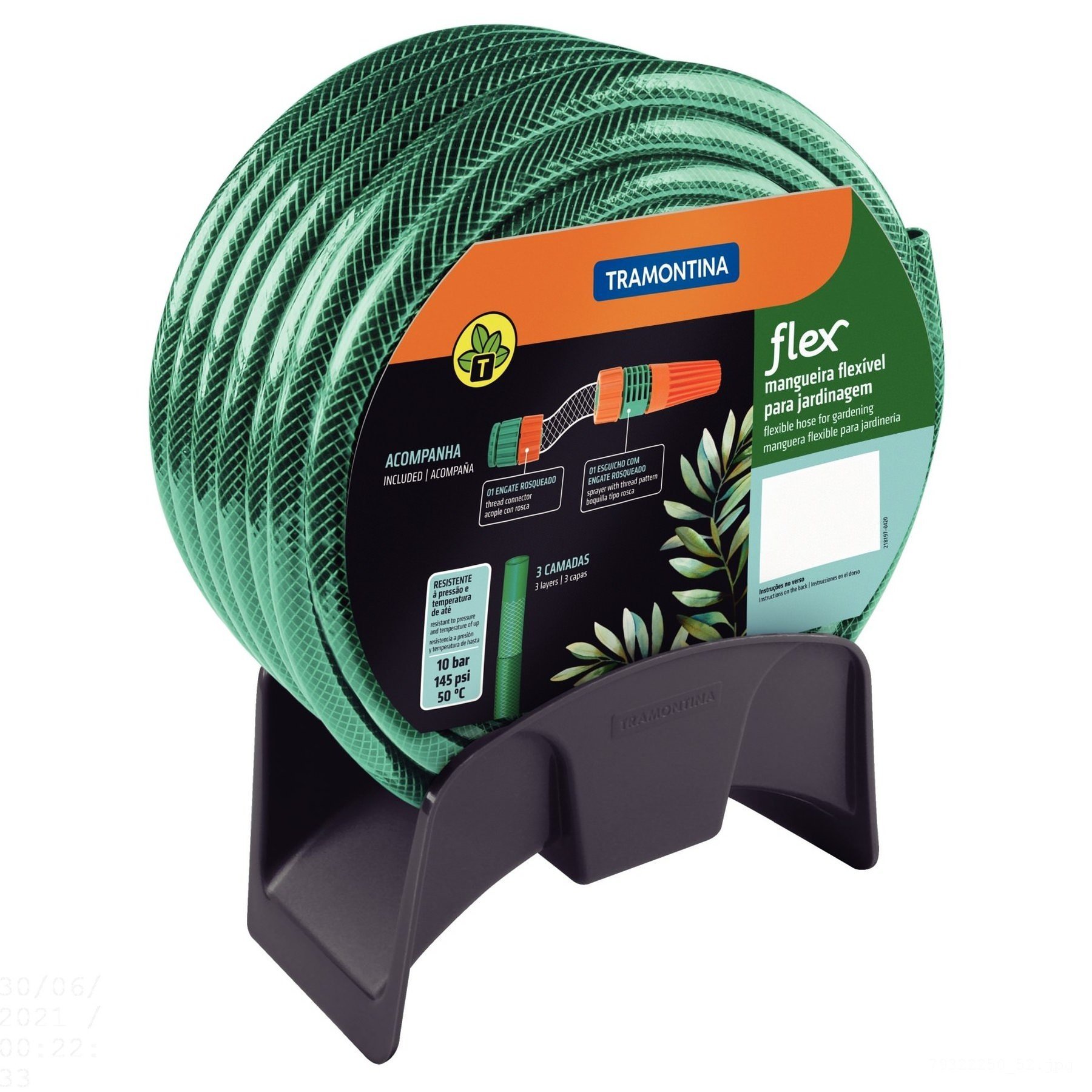 Mangueira Flex Tramontina Verde em Pvc 3 Camadas 25 M com Engate Rosqueado, Esguicho e Suporte Mural