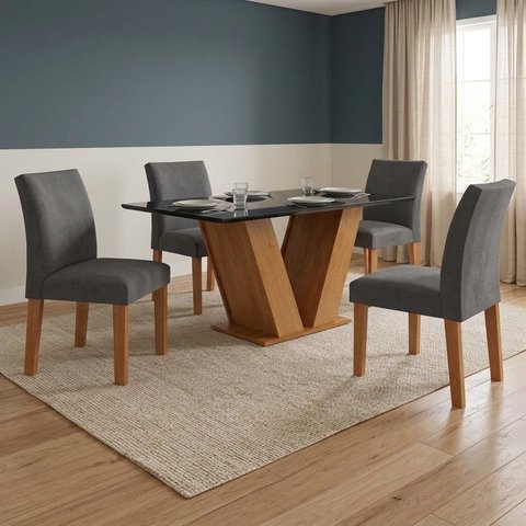 Conjunto Mesa de Jantar 4 Cadeiras 120cm Tampo de Vidro
