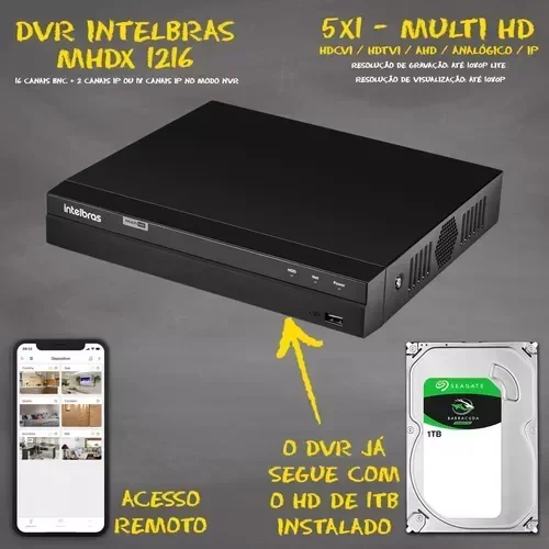 Kit 10 Cameras Hd 720p Ir 20 Mts Vhc 1120B Intelbras, Dvr 16 Canais Intelbras, Hd 1TB, Cabo, Fonte,  - 8