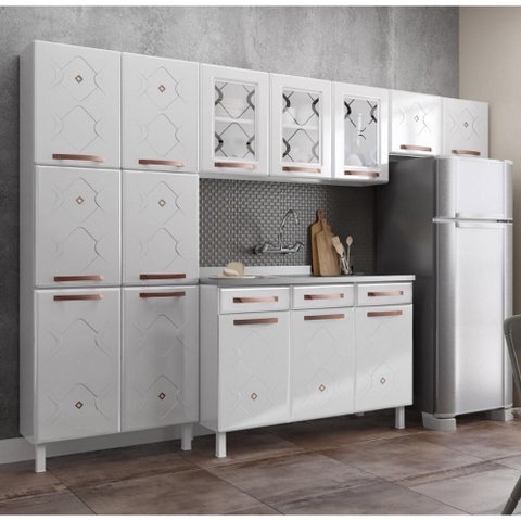 Cozinha Completa Modulada de Aço 4 Peças com Vidros e Gabinete Pia Multimóveis Cr20352 Branco