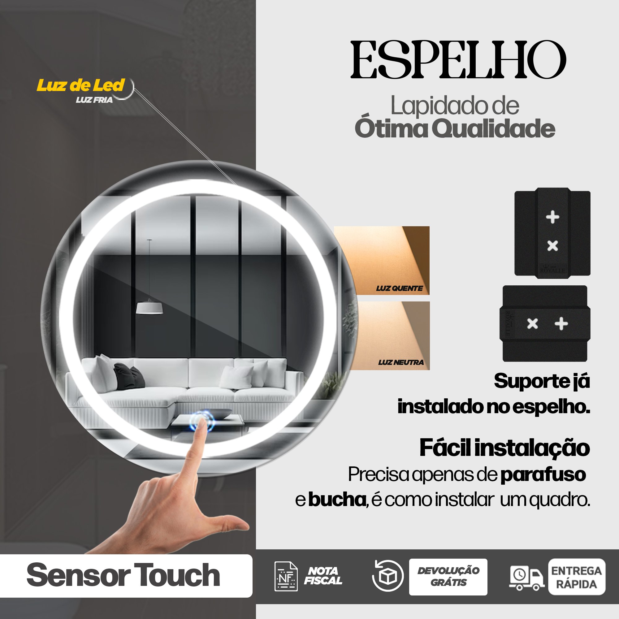 Espelho Redondo Jateado com Led 60x60 Cm Led Frio - 4