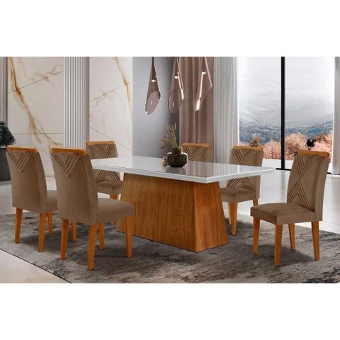 Conjunto: Mesa Sala Jantar Luna Tampo Madeirado c/ Vidro Reto 180x90 e 6 Cadeiras Amsterdã Imbuia/