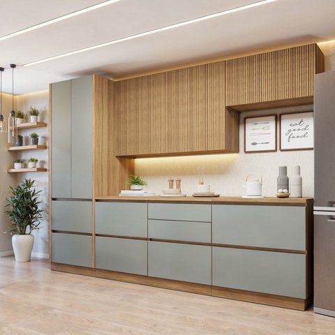 Cozinha Completa Modulada 5 Peças 8 Portas 6 Gavetas com Rodapé Norten Marrom/Verde/Nature