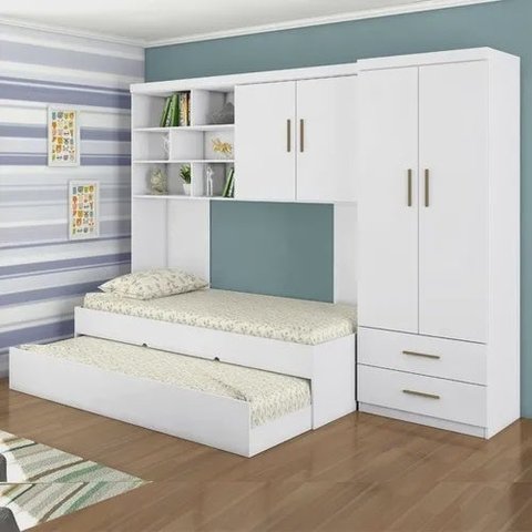 Quarto Modulado Juvenil com Guarda-roupa 2 Portas, Módulo Aéreo e Cama com Auxiliar Branco - Phoenix