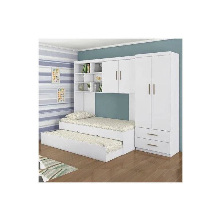 Quarto Modulado Juvenil com Guarda-roupa 2 Portas, Módulo Aéreo e Cama com Auxiliar Branco - Phoenix