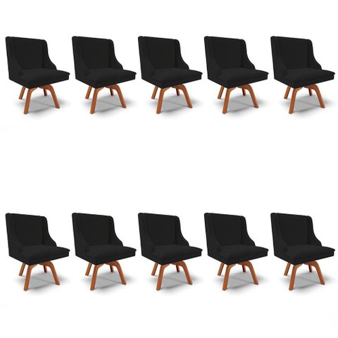 Kit 10 Cadeiras Estofadas para Sala de Jantar Base Giratória de Madeira Lia Linho Preto - Ibiza