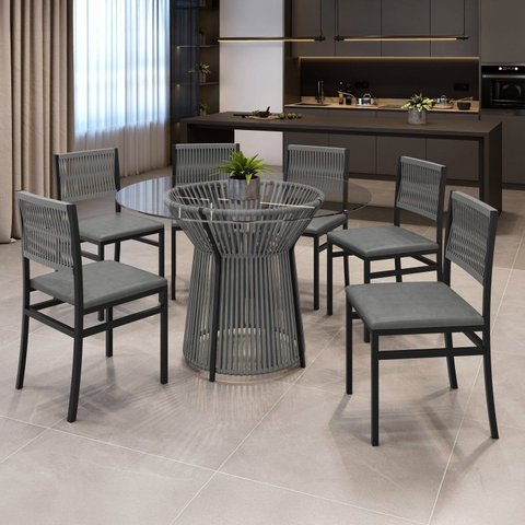 Conjunto Sala de Jantar Mesa Redonda Tampo de Vidro Valência 120cm com 6 Cadeiras Barcelona
