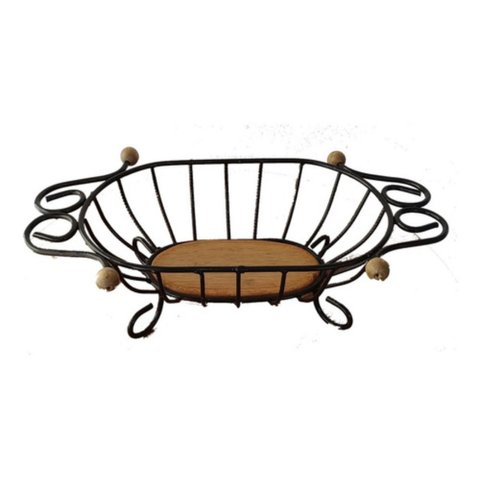 Fruteira de Mesa em Ferro e Madeira Artesanal Rústico Oval Pequena:preto36