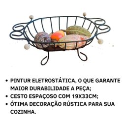 Fruteira de Mesa em Ferro e Madeira Artesanal Rústico Oval Pequena:preto36 - 5