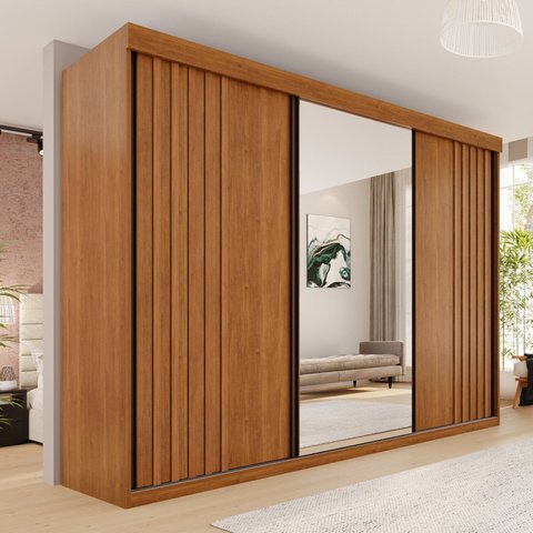 Guarda-Roupa Casal 3 Portas 6 Gavetas MDF Ripado Londrina Marrom/Cinamomo