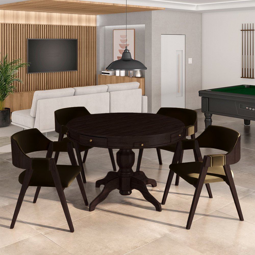 Conjunto Mesa de Jogos Carteado Bellagio Tampo Reversível e 4 Cadeiras Madeira Poker Base Estrela Ve - 8