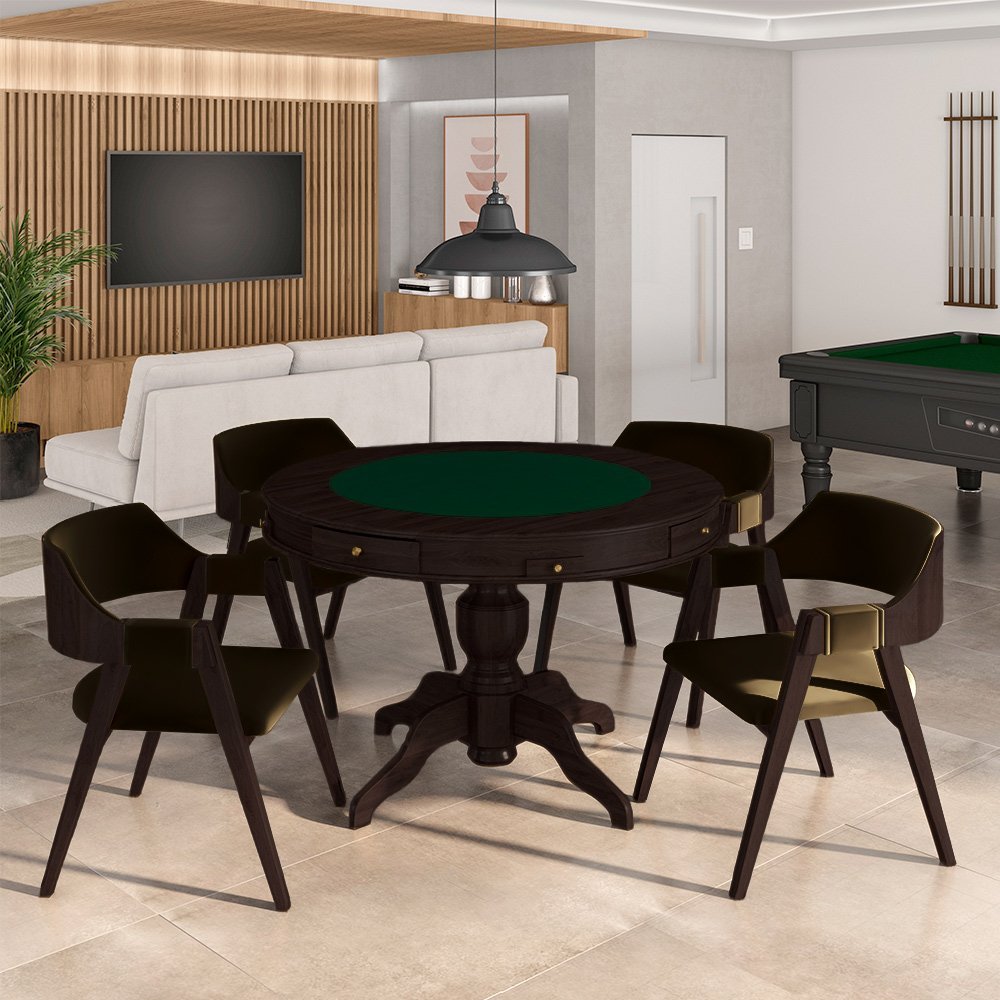 Conjunto Mesa de Jogos Carteado Bellagio Tampo Reversível e 4 Cadeiras Madeira Poker Base Estrela Ve