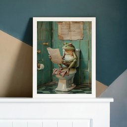 Quadro Perereca no Banheiro Lendo Jornal 33x24cm:madeira Preta - 1