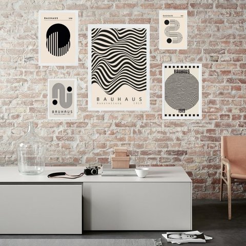 Composição 5 Quadros Bauhaus Preto e Branco:madeira Branca