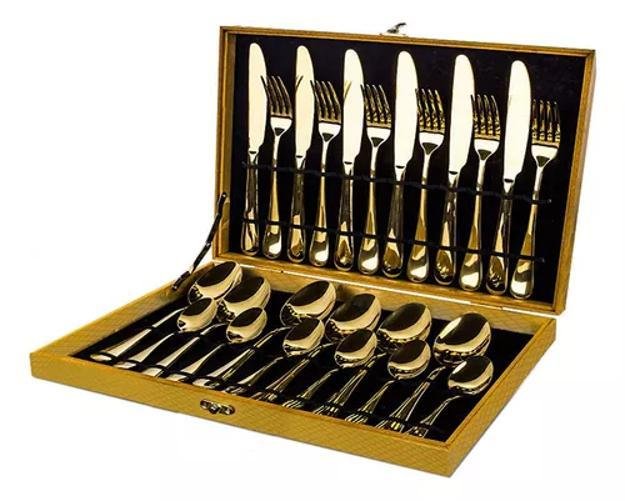 Kit Faqueiro Maleta de Talheres Inox 24 Peças Dourado Luxo - 2