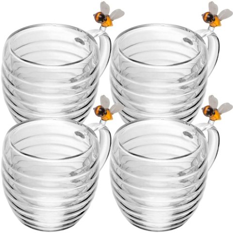 Conjunto 4 Xícaras de Chá 180ml Lovely Bee Lyor Abelinhas Vidro Duplo Decoradas
