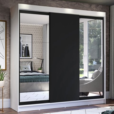 Guarda-Roupa Casal Madesa Istambul 3 Portas de Correr com Espelhos 3 Gavetas Branco/Preto Cor:Branco