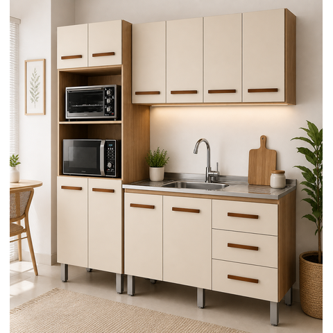 Jogo de Cozinha Modulada 180m 3 Peças com Balcão de Pia 120m sem Tampo/cuba - Savana/off White Móbli