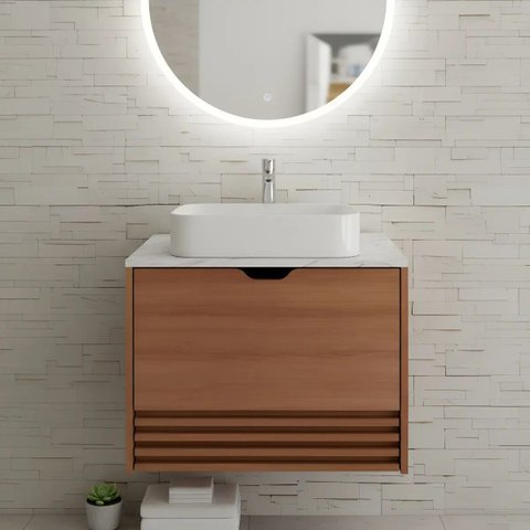 Gabinete para Banheiro sem Cuba 1 Porta 1 Gaveta 60cm Amêndoa/Mármore Branco - Tecno Mobili