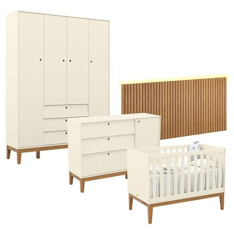 Quarto de Bebê Unique 4 Portas com Cômoda Sapateira e Painel Ripado com Led Off White Eco Wood - Mat