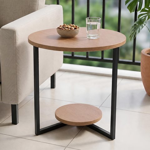 Mesa Lateral Siena Estilo Industrial 49cm Redonda MDF e Aço Canto Amadeirado/Preto Lh Móveis