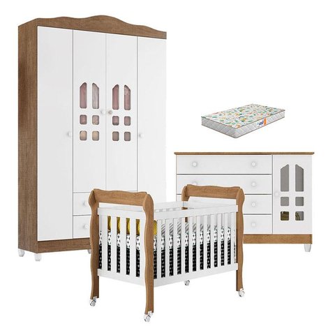 Quarto de Bebê New Selena 4 Portas com Berço Lila e Cômoda Gran Selena Branco Acetinado Amadeirado e