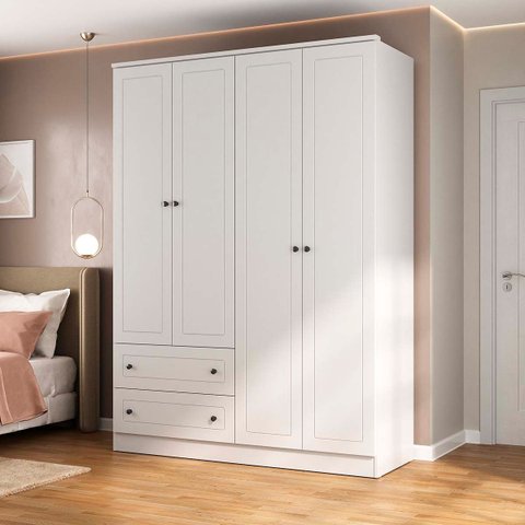 Guarda Roupa Fort em Mdf 160,5x220,2cm 4 Portas 2 Gavetas Branco 1206