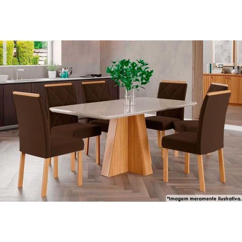 Sala de Jantar Completa Maite C/ Tampo Madeirado C/ Vidro Canto Curvo 130x80cm e 6 Cadeiras Maia