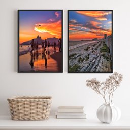 Kit 2 Quadros por do Sol em Copacabana- Rio de Janeiro 33x24cm:madeira Branca - 2
