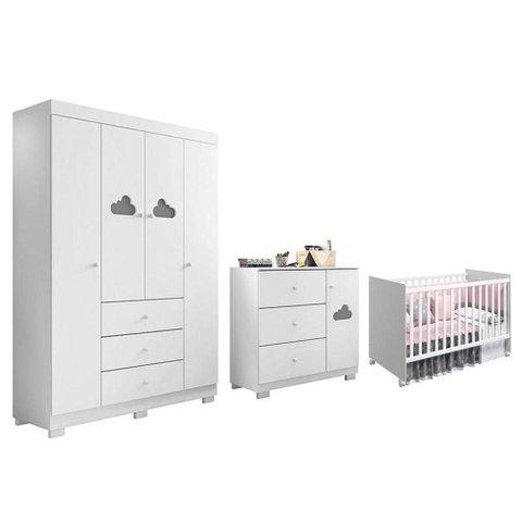Dormitório Infantil Ane Guarda Roupa Cômoda Berço 4 Portas 3 Gavetas MDF Branco Phoenix Baby