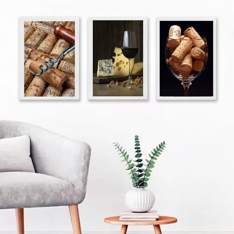Kit 3 Quadros Fotografias Queijos e Vinhos rústico 24x18cm - com Vidro:madeira Preta