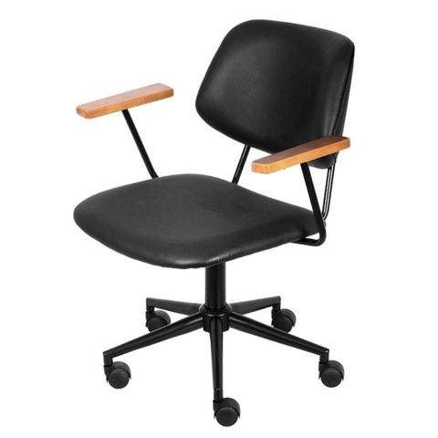Cadeira Escritório Giratória Riga Or Design Revestida Pu Preto Braços em Madeira Base Rodízio