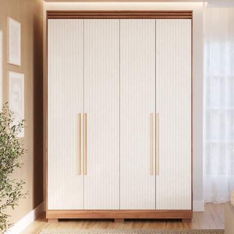 Guarda-Roupa Solteiro 4 Portas com Pés 159cm 100% MDF Lumiar Espresso Móveis Bege/Cinamomo/Grafiatto
