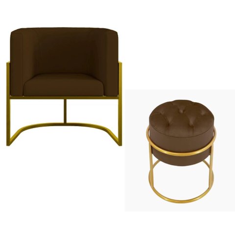 Kit Poltrona Decorativa Luxo Base de Metal Dourada e Puff Capitone Suede Marrom Eli Móveis e Decoraç
