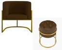 Ver imagem 1 de Kit Poltrona Decorativa Luxo Base de Metal Dourada e Puff Capitone Suede Marrom Eli Móveis e Decoraç