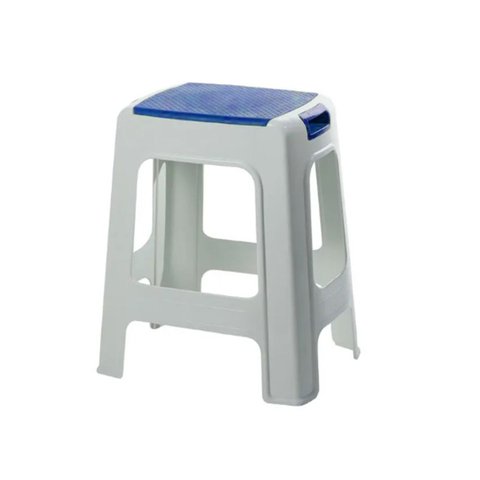 Banqueta Plástica Empilhável Resistente Branca C/ Azul