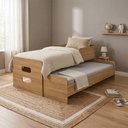 Ver imagem 1 de Bicama Solteiro Elis com 2 Colchões e Cama Auxiliar Puxável para Quarto Infantil e Visitas - Amêndoa