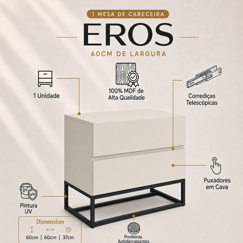 Mesa de Cabeceira Gaveteiro Eros 45cm Largura 2 Gavetas Estilo Industrial Branco Base Preto
